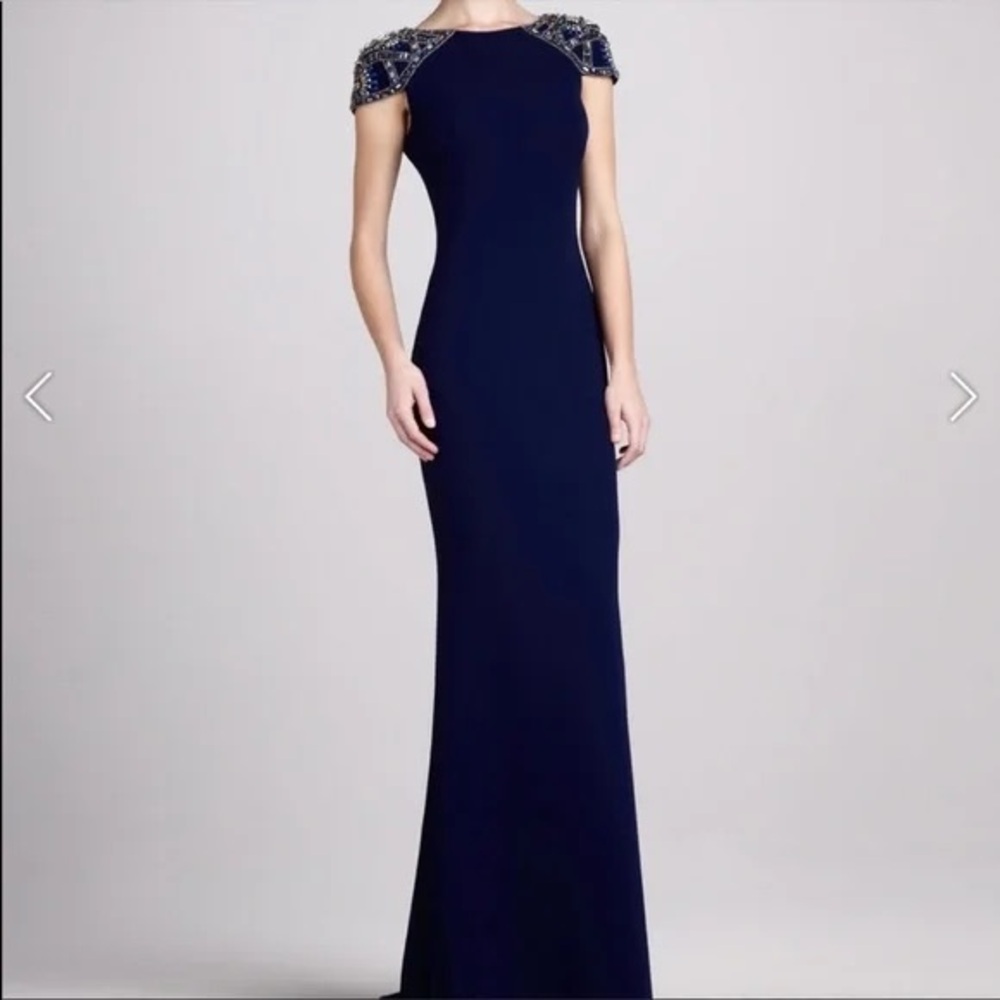 Badgley Mischka Beaded Cap Sleeve Dress Navy Size 6